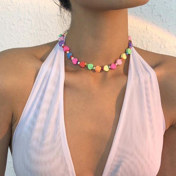 

chokers fashion soft clay heart clavicle necklace ethnic colorful beads bohemian for women aesthetic jewelry girl strand collar, Golden;silver