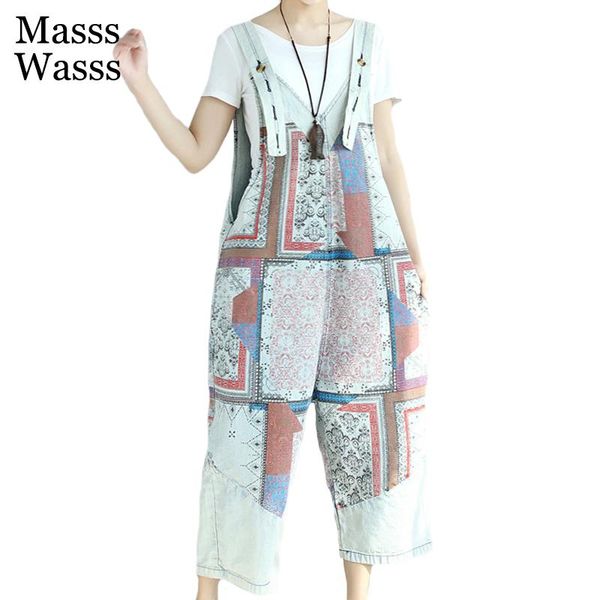 

women's jeans masss wasss korean designer summer ladies printed casual overalls womens vintage loose denim trouser female pantalons plu, Blue