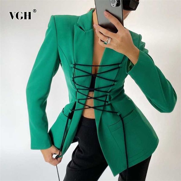 VGH Bandaj Blazer Kadınlar için Oymak Çentikli Uzun Kollu Katı Seksi Blazers Kadın Bahar Moda Giyim Stil 210930