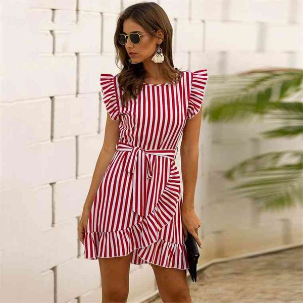 

summer women ruffled bohemian ethnic o-neck belt slim dress elegant striped female irregular hem, Black;gray