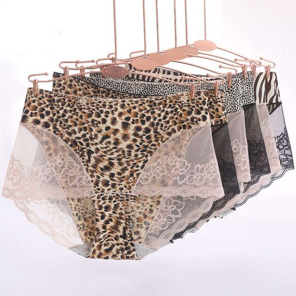 

shufeijia lace leopard print sao women's underwear large version high waist hollow out breathable side briefs, Black;pink