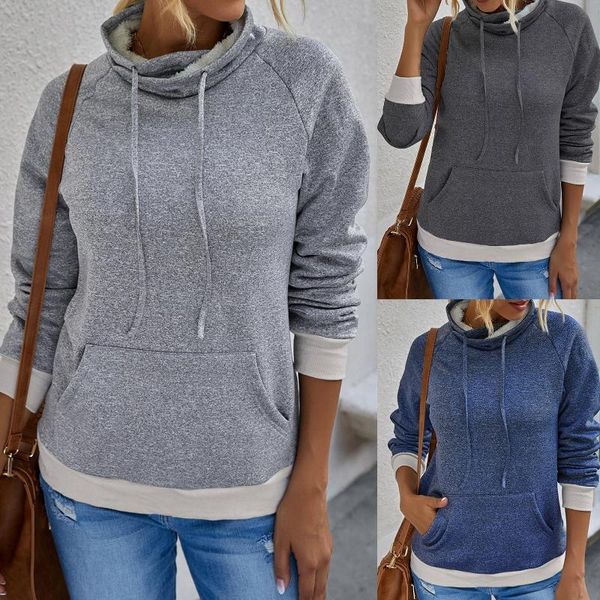 

women stand collar long sleeve drawstring pocket hoodie plush lining sweatshirt 2021 lady plus size hoodies streetwear, Black