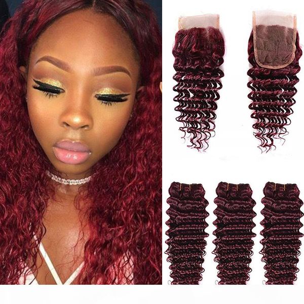 

burgundy lace closure deep wave brazilian human hair wine red raw deep curly wave 99j hair extension weave 3 bundles with lace closure, Black;brown