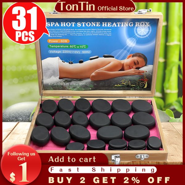 

tontin 31pcs/set stone massage set tool basalt massage stones 220v/110v bamboo heater box ce rohs round stone massager