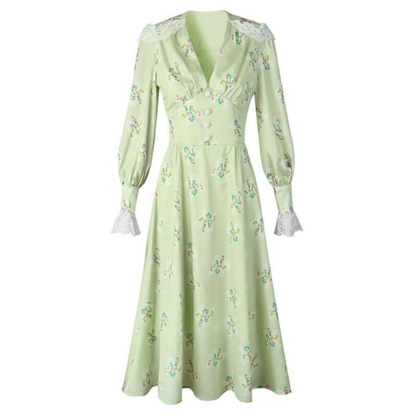 

casual dresses 2021 autumn light green lace v-neck long sleeve a-line dress female fashion slim waist floral printed s1499, Black;gray