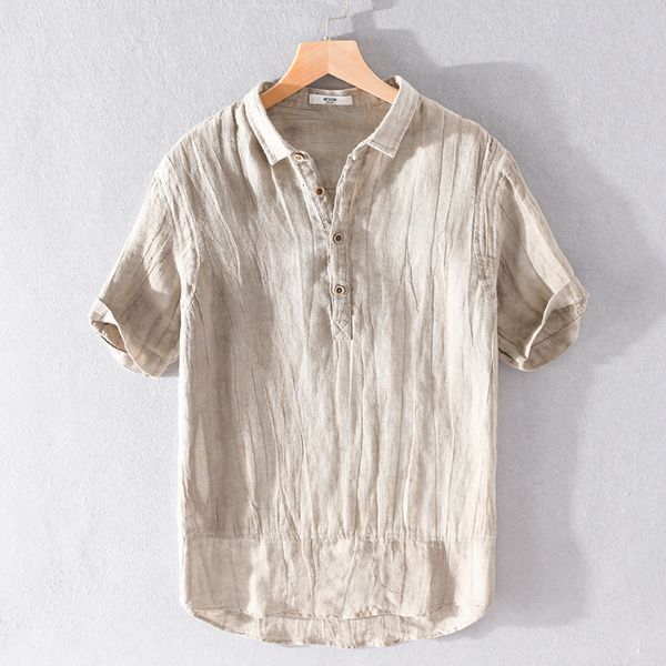 

2021 new summer pure linen brand fashion pleated retro shirts for men short sleeve loose breathable shirt mens camiseta camisa w8r5, White;black