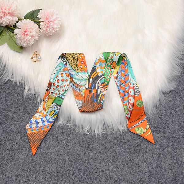 

scarves fashion head scarve retro colorful feathers chain printed handle bag ribbons brand scarf small long skinny, Blue;gray