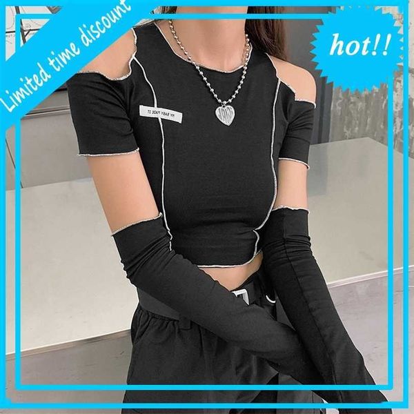 

women's 2021 autumn and winter new fashion label slim round neck off shoulder short t-shirt for women, White