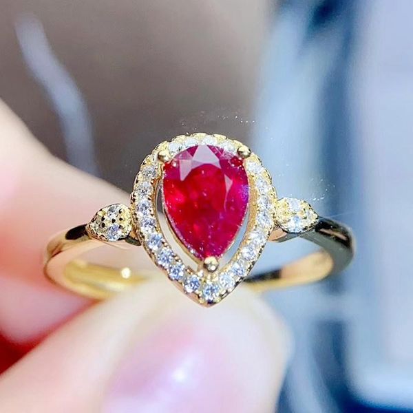 

cluster rings natural real ruby drop ring per jewelry 925 sterling silver 5*7mm 0.75ct gemstone fine j211266, Golden;silver