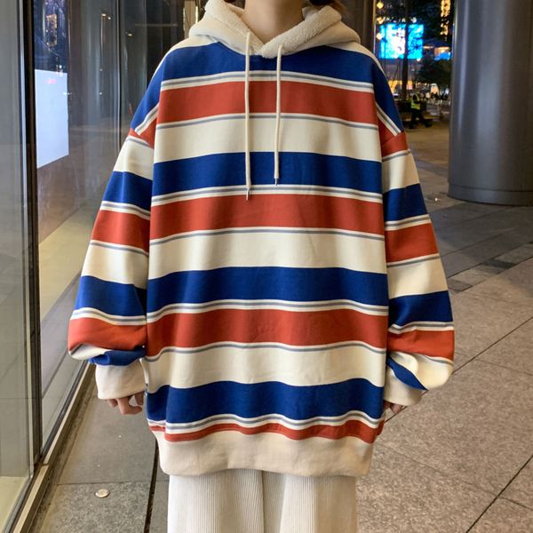 

2021 new winter plus veet padded hoodies warm fashion casual striped sweatshirt men streetwear loose hip-hop couple pullover hoodie kpln, Black