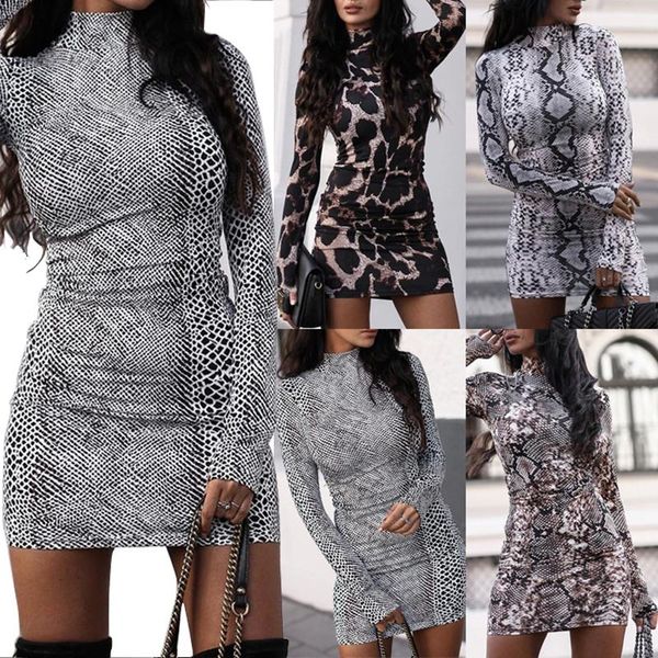 

2021 autumn women sexysnake leopard print stand collar long sleeve o-neck hip slim party mini nightclub short dress, Black;gray