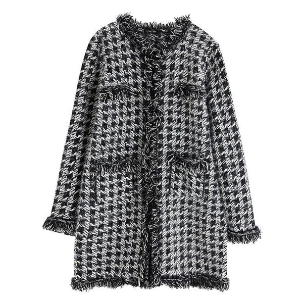 

women's wool & blends vintage tweed open stitch woolen jackets women fashion winter v neck long jacket elegant ladies pockets coats, Black