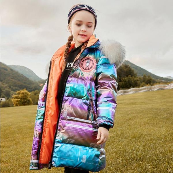 

down coat russia winter children real fur collar long jacket baby girl 90% white duck outerwear teenage parka wz417, Blue;gray