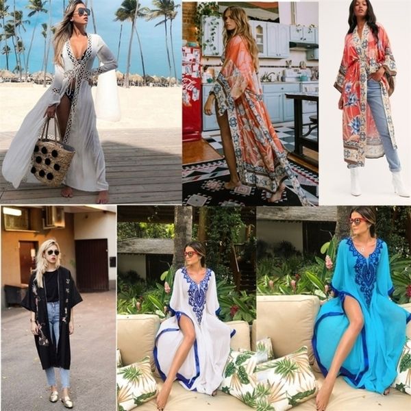 

bohemian print cover-ups summer beach dress cotton tunic women beachwear swimsuit cover up long cardigan blouses bikini wrap sarongs