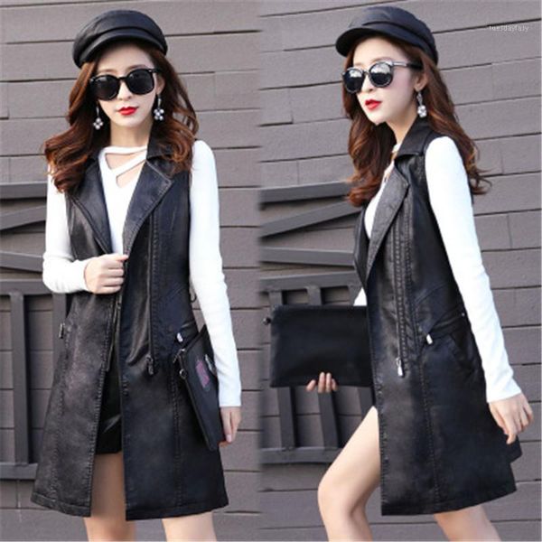 

women's vests spring autumn long faux leather vest women pu sleeveless jacket ladies 2021 slim plus size 4xl black waistcoat winter out, Black;white