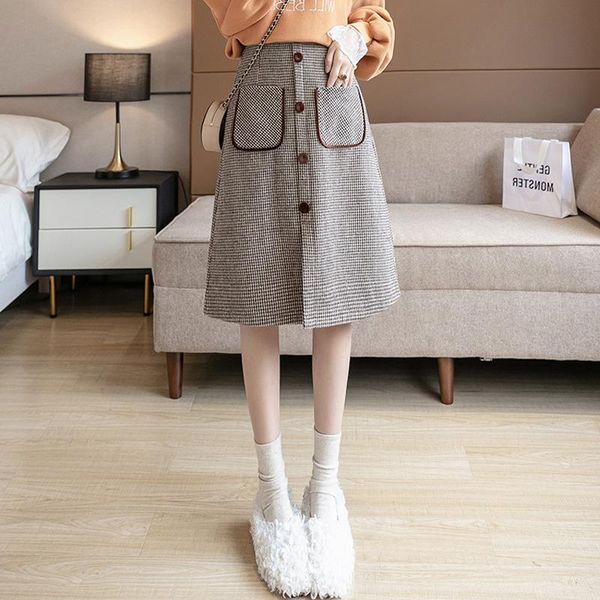 

autumn & winter new high waist slimming thickened simple plaid casual all-match elastic women a-line woolen skirt ing, Black