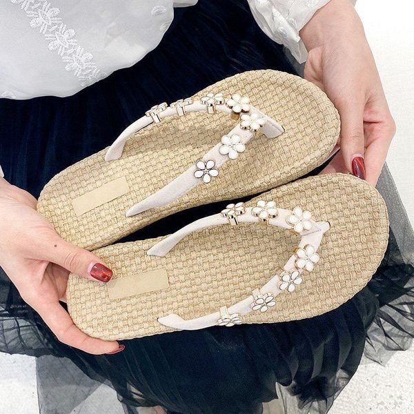 

slippers women's flip flops 2021 summer flowers women indoor outdoor clip toe sweet sandals fashion beach flat, Black
