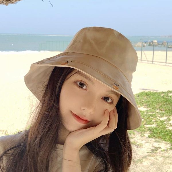 

wide brim hats wardrobe girl 2021 womans japanese fashion carrot embroidery sunshade sunscreen simple foldable travel bucket hat, Blue;gray