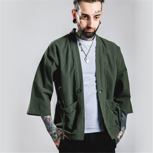

mens 2021 new fashion streetwear kimono japanese hemp men shirt k2sa, White