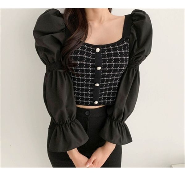 

chic style french retro crochet turtleneck thin fit blouse 2021 enlargement female manga blums xrzr, Black