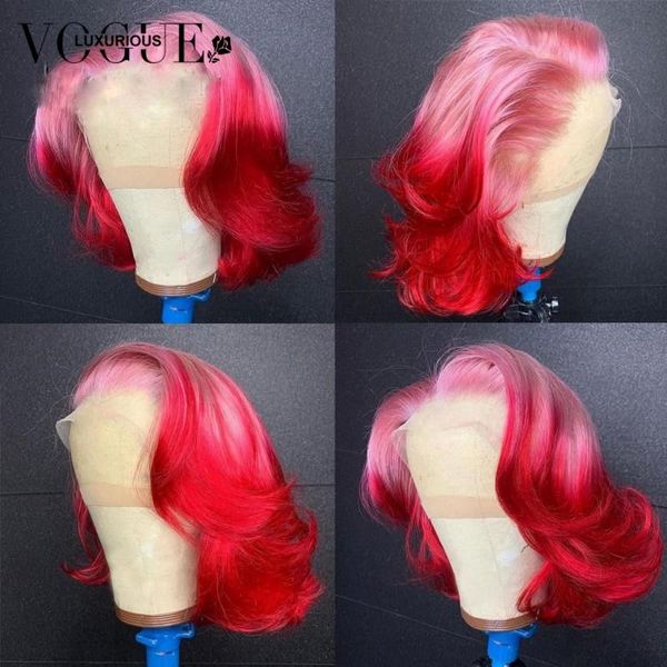 

lace wigs 180% 4x4 colored human hair ombre front wig body wave pink red pre-plucked with baby 18 inch, Black;brown