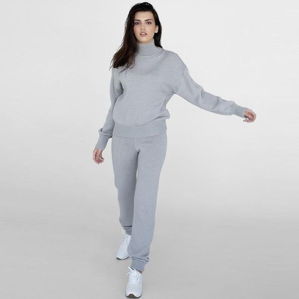 

women's two piece pants nshypoi autumn and winter women two-piece home wear high-neck solid color long-sleeved sweater knitted bottomin, White