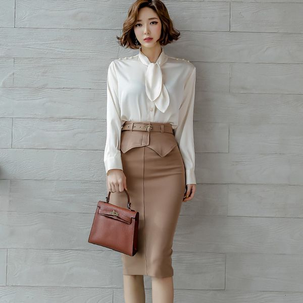 

2021 new woman two pieces office lady shion spring autumn shirt bodycon pencil skirt knee-length eleagnt slim suit sets cbek, White