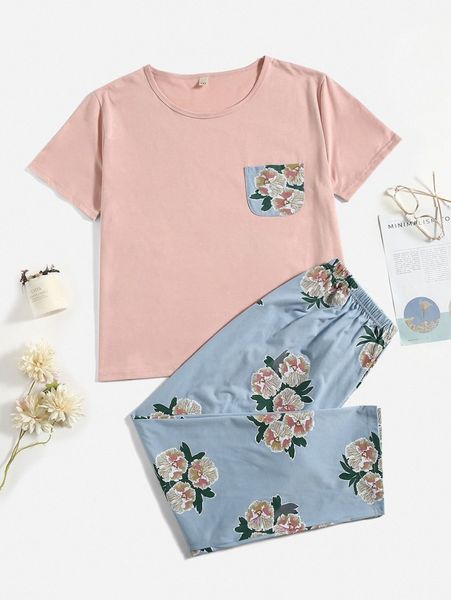 

plus contrast floral pocket tee & pants pj set f3mh#, Black;white