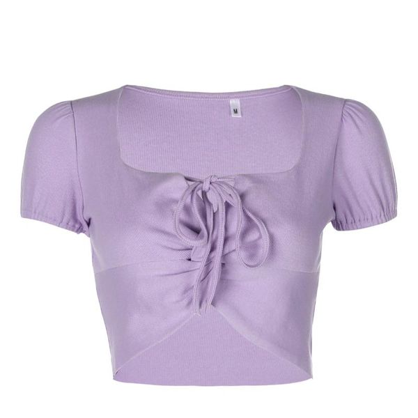 

women's t-shirt vintage puff sleeve bow tie purple square neck short women, White