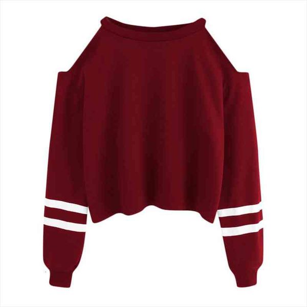 

streetwear cold shoulder crop women sweatshirt girls white striped long sleeves round neck short korean sudaderas, Black