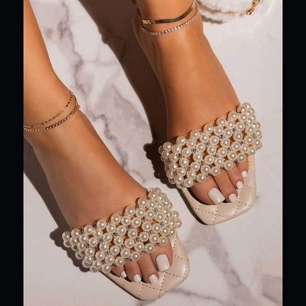 

slippers rimocy plus size fashion pearl pvc summer women 2021 outdoor open toe flat heel beach flip flops woman non slip slides, Black