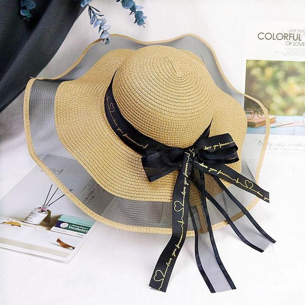 

wide brim hats summer sun straw hat, feminine, lace, bow, beach, travel, large brim, uv protection, paper, straw, women's cap, girls, Blue;gray