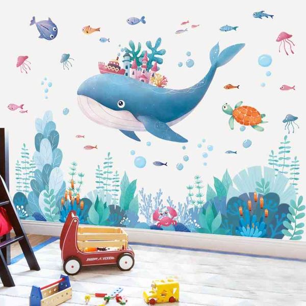 Impermeável dos desenhos animados Underwater Animal World Adesivos de Parede para Crianças Quarto Bathroom Quarto Vinil Decalques de Parede Removível Murais Decoração 210615