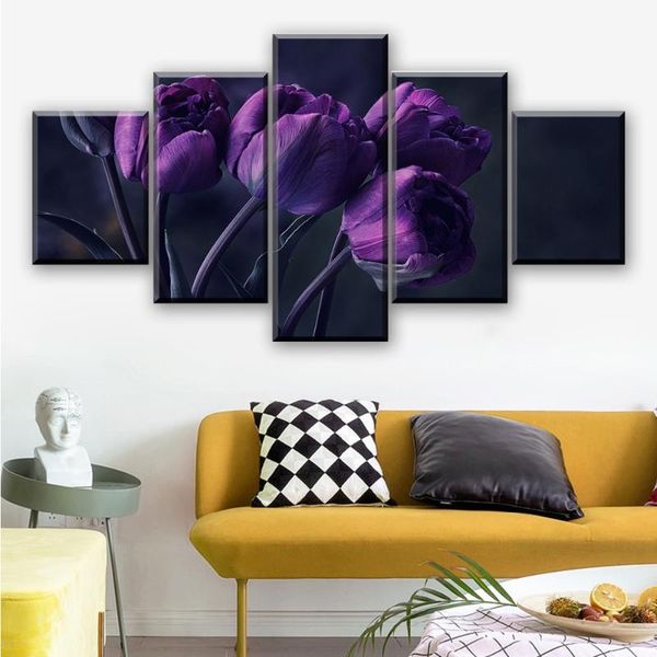 

canvas wall art posters home decorative living room modular framework 5 pieces purple tulip flower pictures hd prints paintings