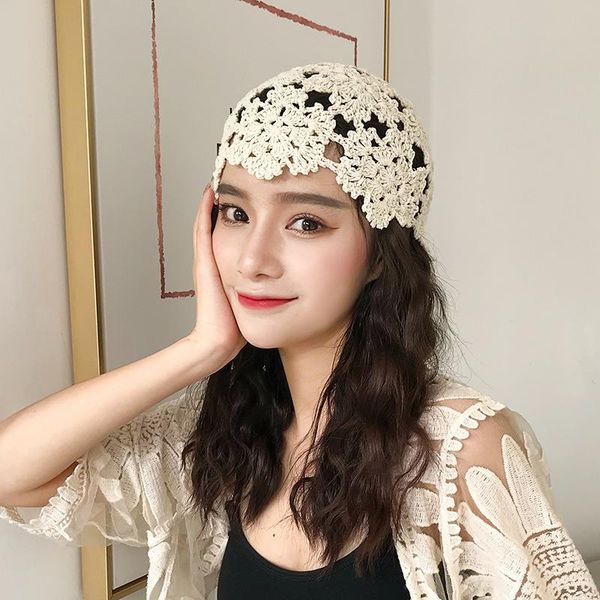 

berets elegant cotton beret hollow out flowers decorative hand hooked autumn ladies pure color ethnic style dome artist hat high, Blue;gray