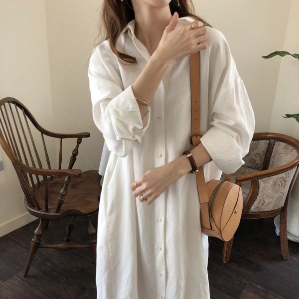 

random 2021 shreds dressed in white cotton collar buttons loose sleeve long shirt dress spring robe women vtit