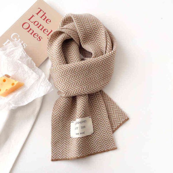 

scarves winter korean monochrome wheat grain small frh label knitted wool student warm scarf for men and women, Blue;gray