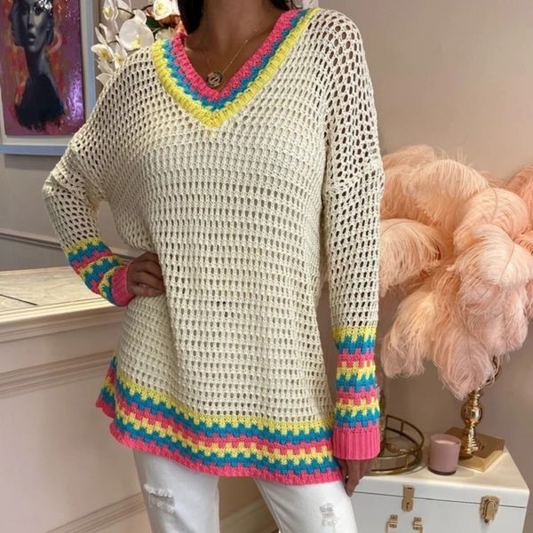 

2021 autumn elegant vintage hollow out color stitching v-neck hooded plus size knit sweater womens office lady 6zii, White;black