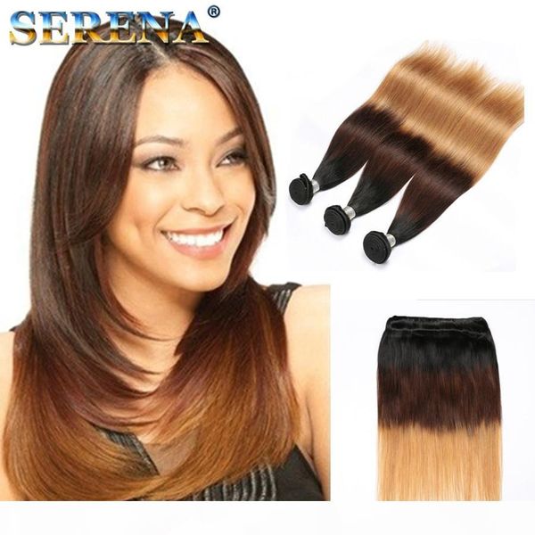 

10-30'' 3 bundles virgin straight brazilian human ombre hair extensions 1b 4 27 three tone silky straight brazilian ombre hair sew, Black