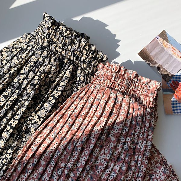 

2021 new floral print a-line pleated long summer and spring women korean streetwear drawstring elastic waist midi skirt lined ipwl, Black