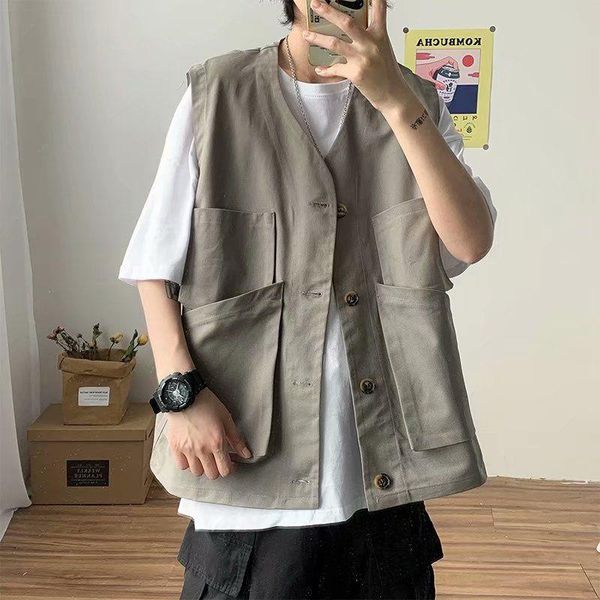 

men's vests multi-pocket vest fashion solid color retro casual tooling men streetwear wild hip-hop loose sleeveless jacket, Black;white