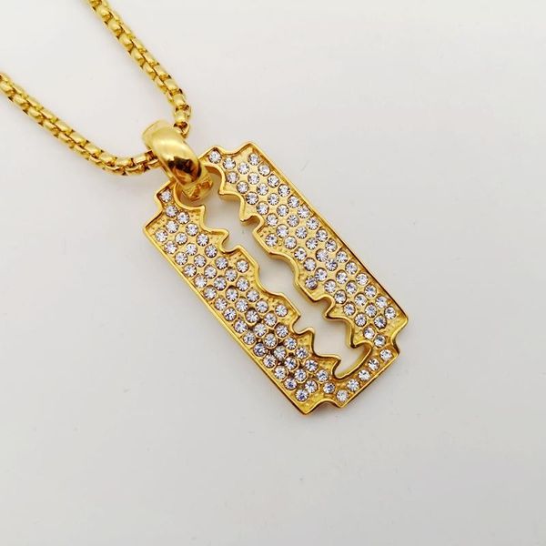 

pendant necklaces black knight stainless steel knife razor blade men necklace fashion full rhinestones hip hop jewelry blkn0423, Silver