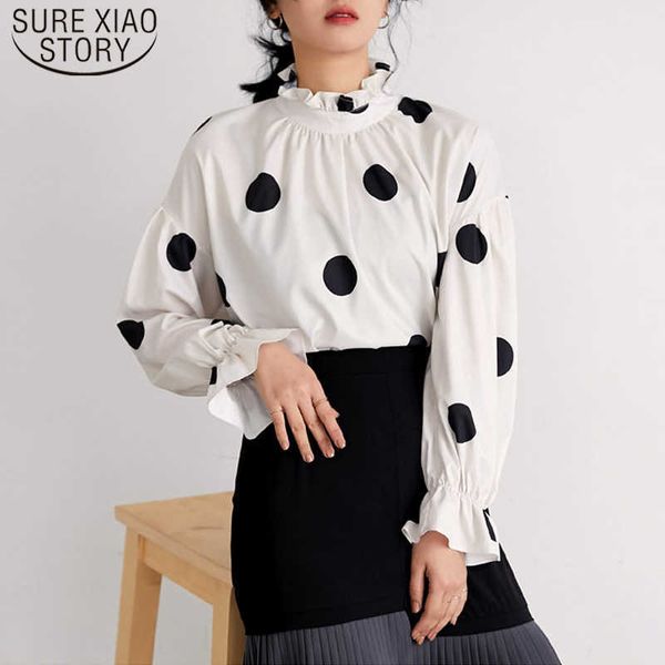 

spring long batwing sleeve polka dot ladies pullover chiffon women's blouse casual ruffled collar women blouses 5266 50 210527, White