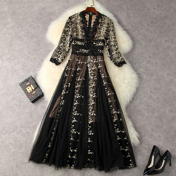 

women's runway dress o neck 3/4 sleeves embroidery floral elegant party prom spring autumn dresses, Black