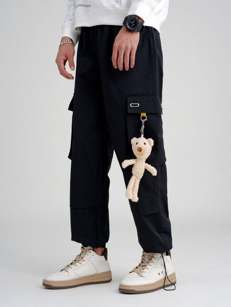 

men patch detail drawstring cargo pants with toy 940m#, Black