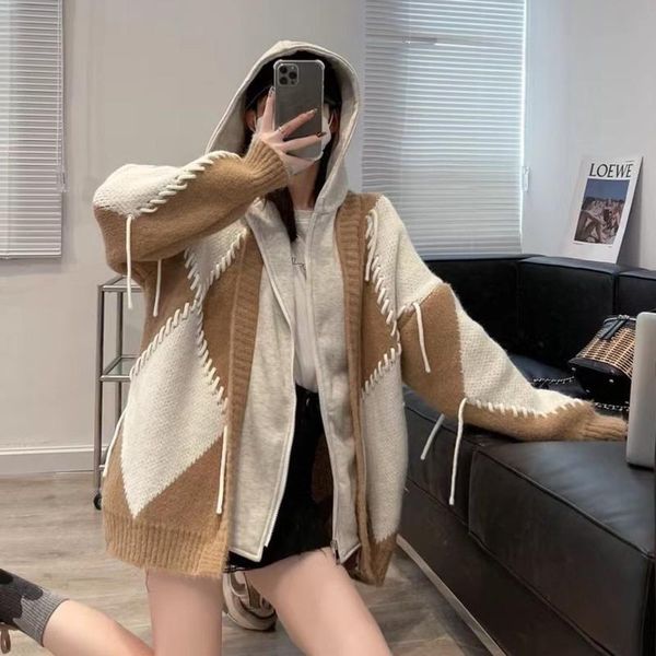 

women's knits & tees [ewq] fake two hooded sweaters loose lazy style 2021 autumn winter korean knitted cardigan coat female 16r304, White