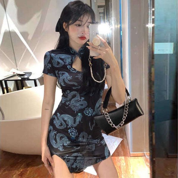 

improved cheongsam dress women's summer hip wrap skirt design, Black;gray