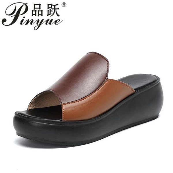 

slippers woman platform flip flops 2021 summer women genuine leather slipper high heel shoes, Black