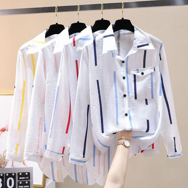 

women's blouses & shirts summer shirt clothes female 2021 korean version loose striped long-sleeved blouse women womens, White