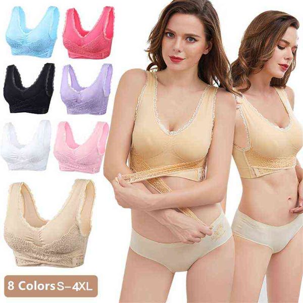 Große Größe BHs Push Up Gather Dessous Sexy Frauen BH vorne Clouse Spitzenbesatz Schlaf Sport Bralette Büstenhalter 211116